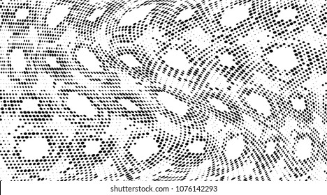 Grunge halftone dots pattern texture background. Black and white pixels. Modern dotted vector illustration. Abstract wavy lines. Points backdrop. Gradient spotted pattern. Wide image
