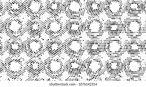 Grunge halftone dots pattern texture background. Black and white pixels. Modern dotted vector illustration. Abstract wavy lines. Points backdrop. Gradient spotted pattern. Wide image