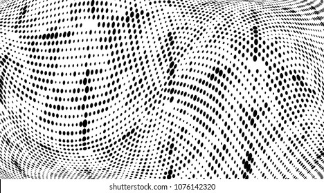 Grunge halftone dots pattern texture background. Black and white pixels. Modern dotted vector illustration. Abstract wavy lines. Points backdrop. Gradient spotted pattern. Wide image