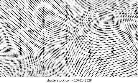 Grunge halftone dots pattern texture background. Black and white pixels. Modern dotted vector illustration. Abstract wavy lines. Points backdrop. Gradient spotted pattern. Wide image