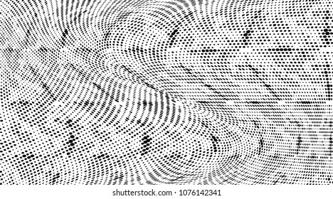 Grunge halftone dots pattern texture background. Black and white pixels. Modern dotted vector illustration. Abstract wavy lines. Points backdrop. Gradient spotted pattern. Wide image