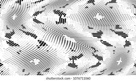 Grunge halftone dots pattern texture background. Black and white pixels. Modern dotted vector illustration. Abstract wavy lines. Points backdrop. Gradient spotted pattern. Wide image