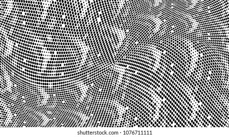 Grunge halftone dots pattern texture background. Black and white pixels. Modern dotted vector illustration. Abstract wavy lines. Points backdrop. Gradient spotted pattern. Wide image