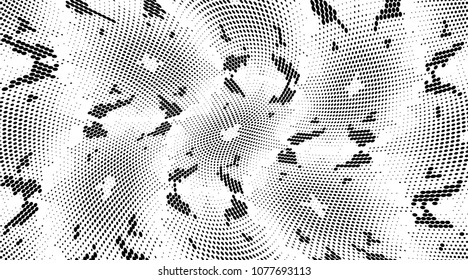 Grunge halftone dots pattern texture background. Black and white pixels. Modern dotted vector illustration. Abstract wavy lines. Points backdrop. Gradient spotted pattern. Wide image