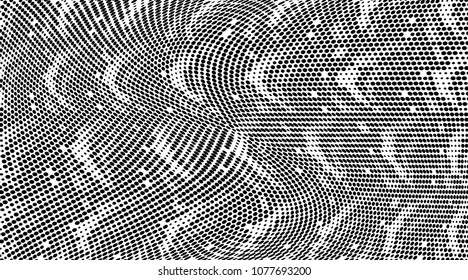 Grunge halftone dots pattern texture background. Black and white pixels. Modern dotted vector illustration. Abstract wavy lines. Points backdrop. Gradient spotted pattern. Wide image