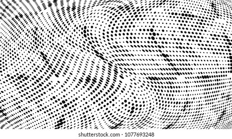 Grunge halftone dots pattern texture background. Black and white pixels. Modern dotted vector illustration. Abstract wavy lines. Points backdrop. Gradient spotted pattern. Wide image