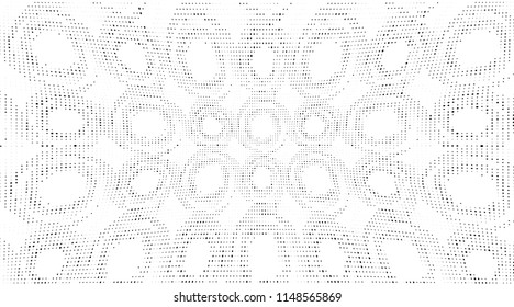 Grunge halftone dots pattern texture background. Black and white pixels. Modern dotted vector illustration. Abstract wavy lines. Points backdrop. Gradient spotted pattern. Wide image