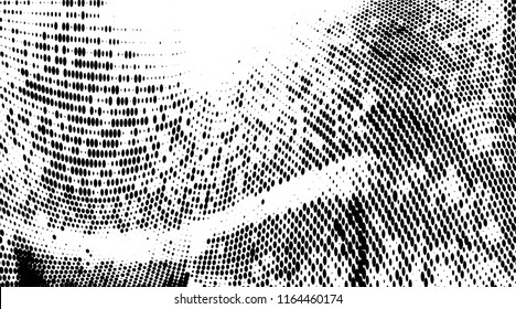 Grunge halftone dots pattern texture background. Modern dotted illustration. Abstract curves. Grungy frame. Geometric spotted pattern. Monochrome template for web design, covers, web sites, banners