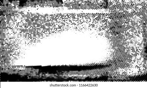 Grunge halftone dots pattern texture background. Modern dotted illustration. Abstract curves. Grungy frame. Geometric spotted pattern. Monochrome template for web design, covers, web sites, banners