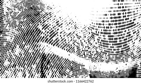 Grunge halftone dots pattern texture background. Modern dotted illustration. Abstract curves. Grungy frame. Geometric spotted pattern. Monochrome template for web design, covers, web sites, banners