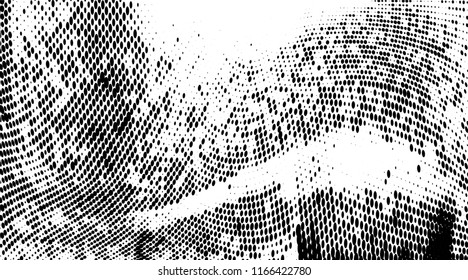 Grunge halftone dots pattern texture background. Modern dotted illustration. Abstract curves. Grungy frame. Geometric spotted pattern. Monochrome template for web design, covers, web sites, banners