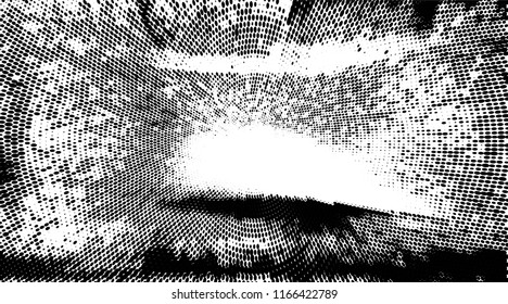 Grunge halftone dots pattern texture background. Modern dotted illustration. Abstract curves. Grungy frame. Geometric spotted pattern. Monochrome template for web design, covers, web sites, banners