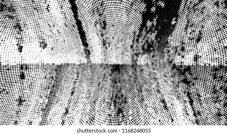 Grunge halftone dots pattern texture background. Modern dotted illustration. Abstract curves. Grungy frame. Geometric spotted pattern. Monochrome template for web design, covers, web sites, banners