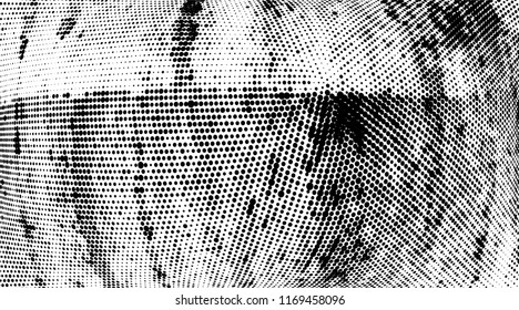 Grunge halftone dots pattern texture background. Modern dotted illustration. Abstract curves. Grungy frame. Geometric spotted pattern. Monochrome template for web design, covers, web sites, banners
