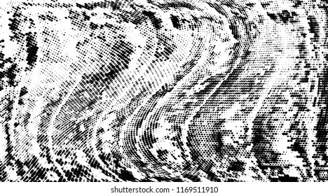 Grunge halftone dots pattern texture background. Modern dotted illustration. Abstract curves. Grungy frame. Geometric spotted pattern. Monochrome wide template for web design, covers, banners