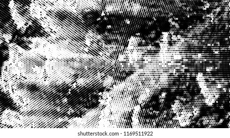 Grunge halftone dots pattern texture background. Modern dotted illustration. Abstract curves. Grungy frame. Geometric spotted pattern. Monochrome wide template for web design, covers, banners