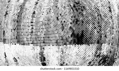 Grunge halftone dots pattern texture background. Modern dotted illustration. Abstract curves. Grungy frame. Geometric spotted pattern. Monochrome template for web design, covers, web sites, banners