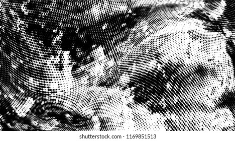 Grunge halftone dots pattern texture background. Modern dotted illustration. Abstract curves. Grungy frame. Geometric spotted pattern. Monochrome template for web design, covers, web sites, banners