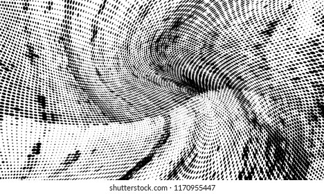 Grunge halftone dots pattern texture background. Modern dotted illustration. Abstract curves. Grungy frame. Geometric spotted pattern. Monochrome template for web design, covers, web sites, banners