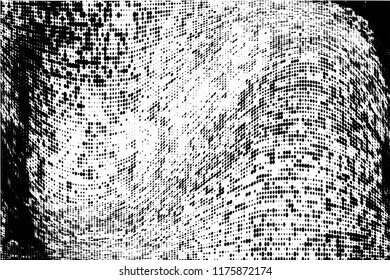 Grunge halftone dots pattern texture background. Modern dotted illustration. Abstract curves. Grungy frame. Geometric spotted pattern. Monochrome template for web design, covers, web sites, banners