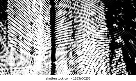 Grunge halftone dots pattern texture background. Modern dotted illustration. Abstract curves. Grungy frame. Geometric spotted pattern. Monochrome template for web design, covers, web sites, banners