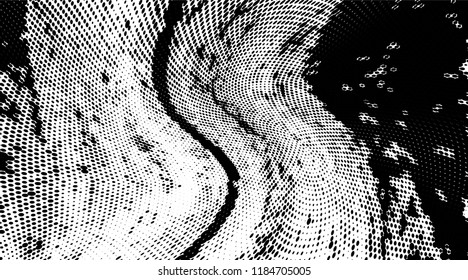 Grunge halftone dots pattern texture background. Modern dotted illustration. Abstract curves. Grungy frame. Geometric spotted pattern. Monochrome template for web design, covers, web sites, banners
