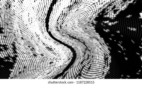 Grunge halftone dots pattern texture background. Modern dotted illustration. Abstract curves. Grungy frame. Geometric spotted pattern. Monochrome template for web design, covers, web sites, banners