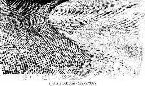 Grunge halftone dots pattern texture background.  Abstract curves. Grungy frame. Geometric spotted pattern. Monochrome black and white vector illustration. for web design, covers, web sites, banners