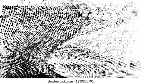 Grunge halftone dots pattern texture background.  Dotted black and white vector illustration. Abstract curves. Geometric spotted pattern. Monochrome template for web design, covers, web sites, banners