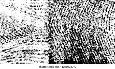 Grunge halftone dots pattern texture background.  Dotted black and white vector illustration. Abstract curves. Geometric spotted pattern. Monochrome template for web design, covers, web sites, banners