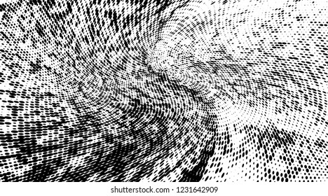 Grunge halftone dots pattern texture background.  Dotted black and white vector illustration. Abstract curves. Geometric spotted pattern. Monochrome template for web design, covers, web sites, banners