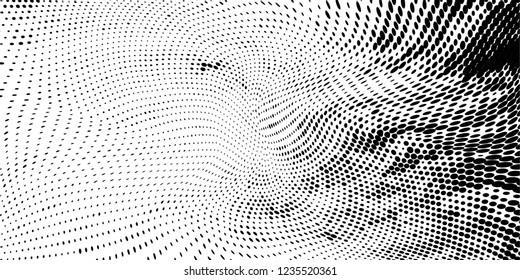 Grunge halftone dots pattern texture background.  Dotted black and white panoramic vector illustration. Abstract curves.  Monochrome template for web design, covers, web sites, banners
