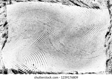Grunge halftone dots pattern texture background.  Dotted black and white vector illustration. Grungy frame. Geometric spotted pattern. Monochrome template for web design, covers, web sites, banners
