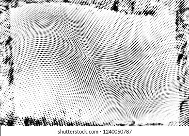 Grunge halftone dots pattern texture background.  Dotted black and white vector illustration. Grungy frame. Geometric spotted pattern. Monochrome template for web design, covers, web sites, banners