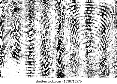 Grunge halftone dots pattern texture background.  Dotted black and white vector illustration. Abstract curves. Geometric spotted pattern. Monochrome template for web design, covers, web sites, banners