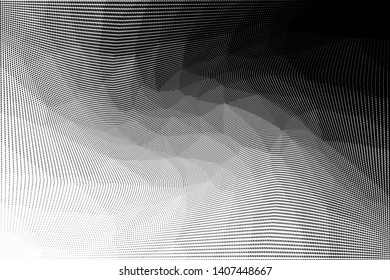 Grunge halftone dots pattern texture background. Low poly design. Modern dotted black and white vector illustration. Abstract wavy lines. Triangular polygon backdrop