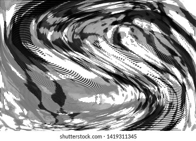 Grunge halftone dots pattern texture background.  Dotted black and white vector illustration. Abstract curves. Geometric spotted pattern. Monochrome template for web design, covers, web sites, banners