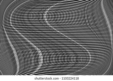 Grunge halftone dots striped pattern, Black pixels. Modern dotted vector illustration. Abstract wavy lines. Points backdrop. Grungy spotted pattern