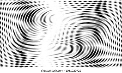 Grunge halftone dots stripes pattern texture background. Black pixels. Modern dotted vector illustration. Abstract wavy curves. Points backdrop. Wave spotted pattern. Wide image