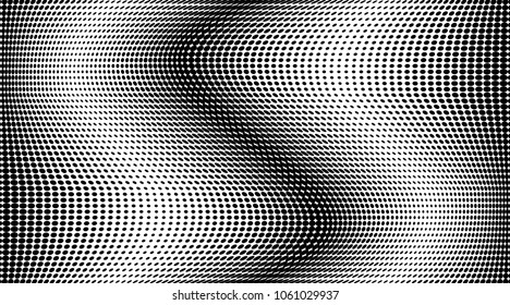 Grunge halftone dots stripes pattern texture background. Black pixels. Modern dotted vector illustration. Abstract wavy curves. Points backdrop. Wave spotted pattern. Wide image
