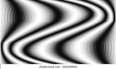 Grunge halftone dots stripes pattern texture background. Black pixels. Modern dotted vector illustration. Abstract wavy curves. Points backdrop. Wave spotted pattern. Wide image
