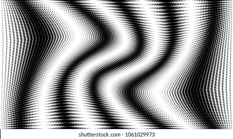 Grunge halftone dots stripes pattern texture background. Black pixels. Modern dotted vector illustration. Abstract wavy curves. Points backdrop. Wave spotted pattern. Wide image