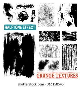 Grunge halftone drawing textures and black messy abstract patterns vector illustration