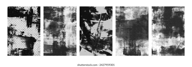 Grunge halftone effect, distressed poster backgrounds. Punk poster overlay surface with rough dotted pattern. Cyber grange contemporary design template for banners, flyers. Vector illustration