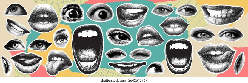 Grunge halftone eyes, smiling woman lips, open mouth and face expressions collage retro sticker for mixed media. Brutalist y2k halftone graffiti art with torn paper and brush stroke photocopy texture.