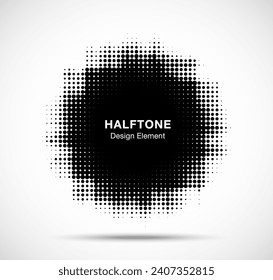 Grunge halftone frame. Circle dots background. Spotted abstract texture. Grungy half tone spot. Logo design element. Vector illustration.