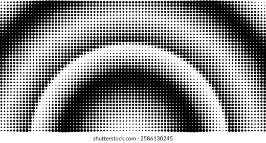 Grunge halftone gradient background. Abstract halftone pattern with a central, arch-like form created by varying dot sizes and density. Vector template banner, header, poster, card