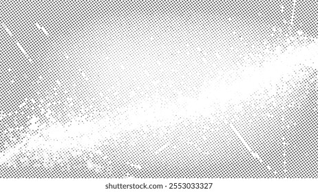 Grunge Halftone Gradient Background with Dust and Scratches Texture, A Bold Black Abstract Design Showcasing Rugged Wall Paint Aesthetic, Vintage Halftone Pattern Effect, and Textured Depth