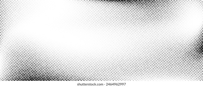 Grunge halftone gradient background. Faded grit noise texture. White and black sand wallpaper. Retro pixelated backdrop. Anime or manga style comic overlay. Vector graphic design textured template