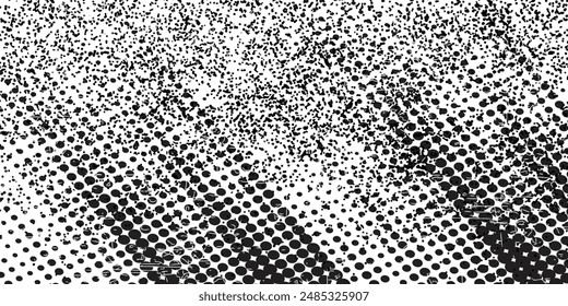 Grunge halftone gradient background. Faded grit noise texture. White and black sand wallpaper. Retro pixelated backdrop. Anime or manga style comic overlay. Vector grunge